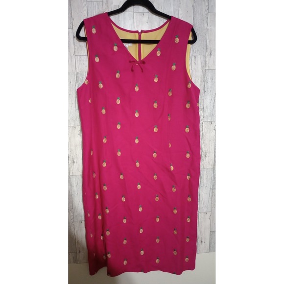 Talbots Linen Dress Embroidered Pineapple Pink Lined Beach Vacation Cruise Sz 16 - Picture 1 of 4